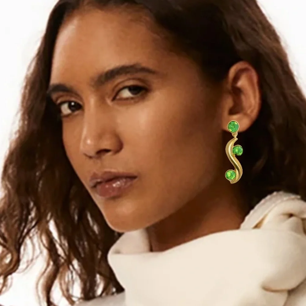 Oscar de la Renta Crystal Wave Drop Earrings Gold with Green Crystals